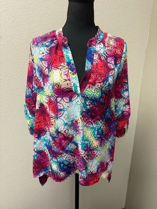 Fury Abstract Print Blouse V Neck Boho Top Pink Blue Multicolor Tunic Chic - Picture 2 of 8